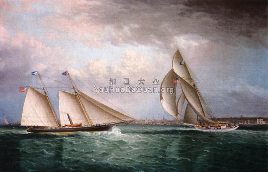 The Schooner Triton and The Sloop Christine Racing in Newport Harbor - 詹姆斯·E·巴特斯沃思